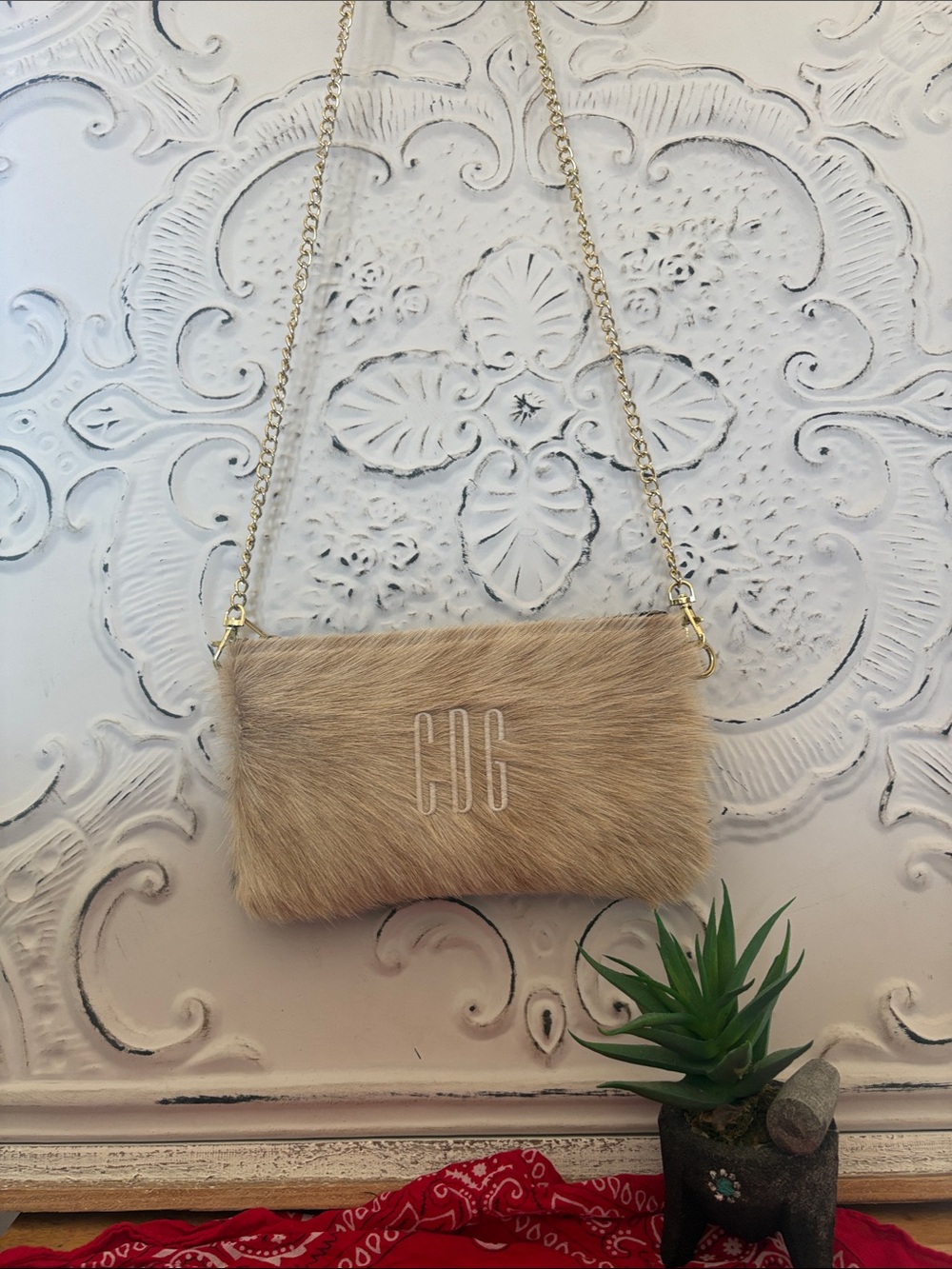CDC Beige Faux Fur Crossbody Bag with Gold Chain